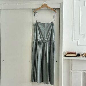 AMOMENTO Dusty Blue/Mint Tie Strap Gathered Midi Dress | Minimalist Korean